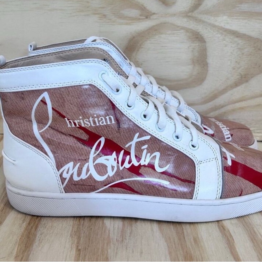 Christian Louboutin White and Red High-Top Sneakers - Fits like 11.5 US.